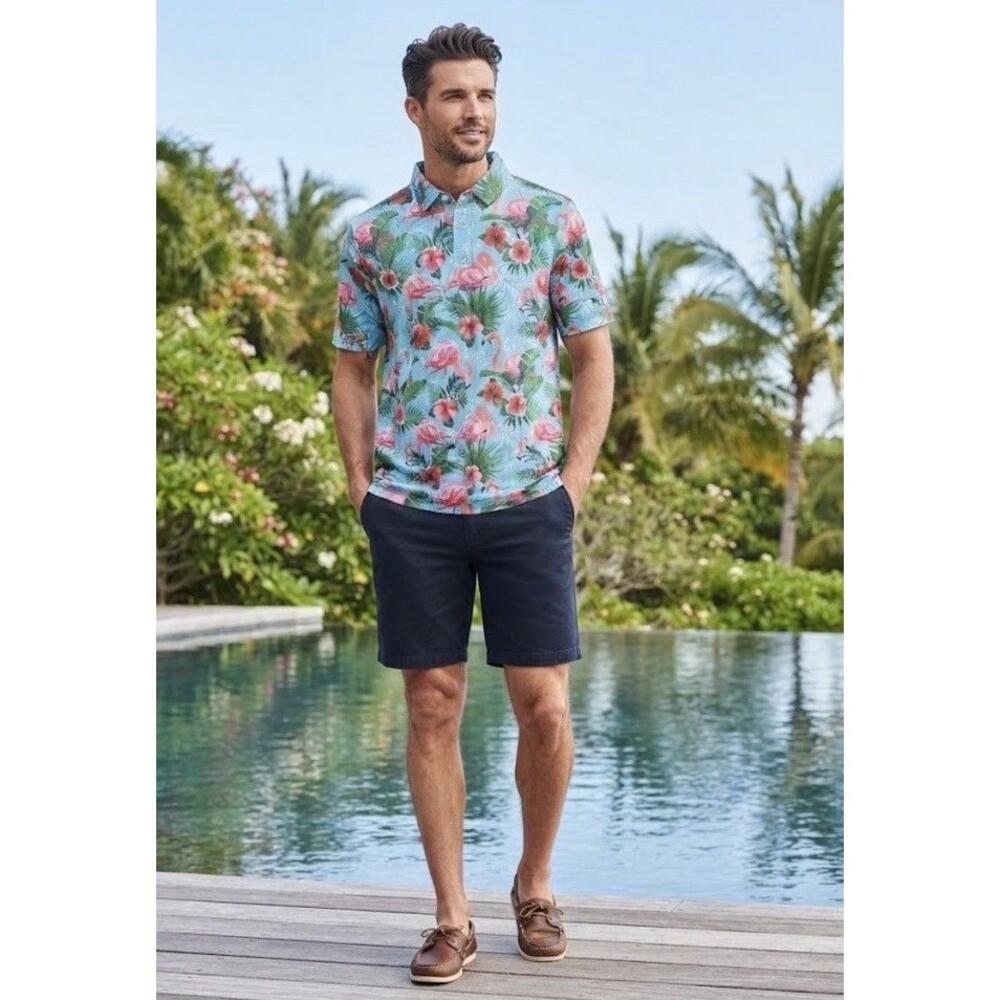 Yatta Golf Performance Polo Shirt Mens XL Blue Pink Flamingo Hawaiian Floral